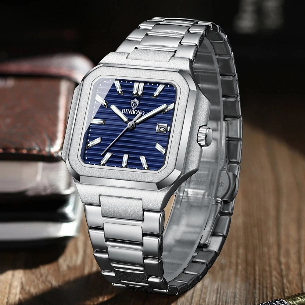 

BINBOND Square Men Watch Waterproof Luminous Chronograph Calendar Man Wristwatch Stainless Steel Quartz Men's Watches+Box Reloj