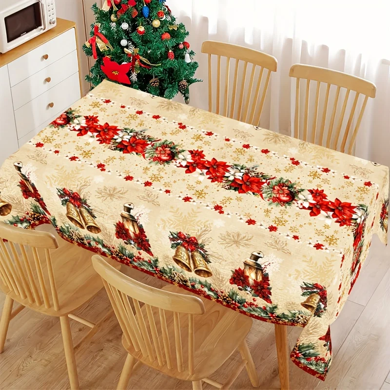 VIKAMA Christmas Rectangular Tablecloth Poinsettia Bell Lantern Waterproof Washable Cover for Retro Xmas Family Dinner Decor