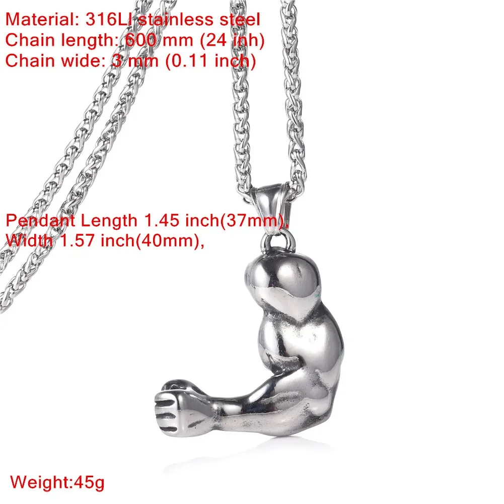 Strong Muscle Arm Pendant Necklaces Men Stainless Steel Sports Fitness Hip Hop Bodybuilding Necklace With Gift Bags
