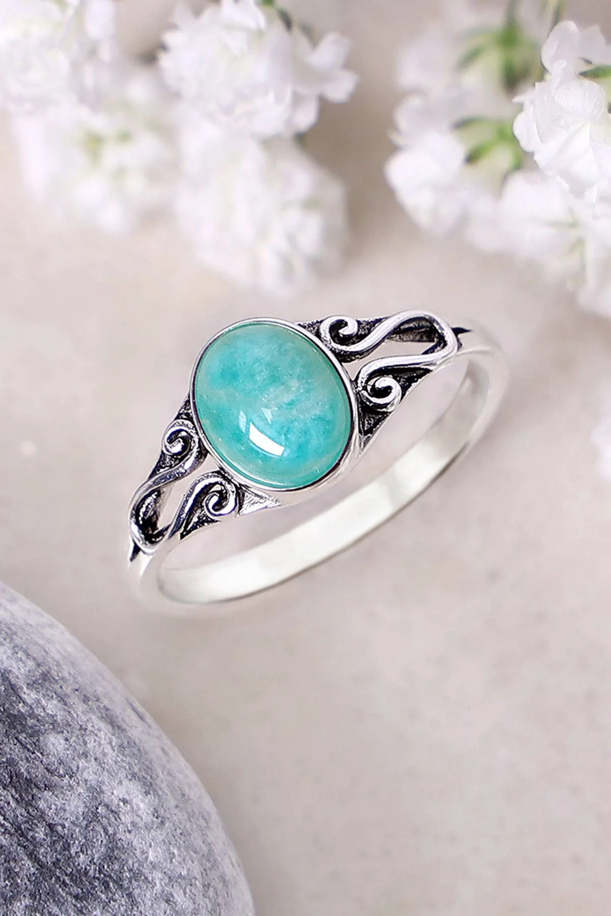 925 Sterling Silver Russian Amazonite Bali Scroll Ring for Women Party Gift