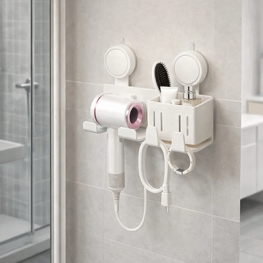 

Carbon Steel Suction Cup Hair Dryer Holder No-Drill Large Capacity Blow Dryer Hanger Wall Mounted Removable