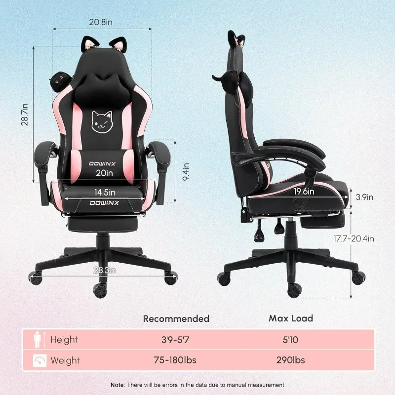 Dowinx Gaming Chair Cute with Cat Ears and Massage Lumbar Support, Ergonomic Computer Chair for Girl with Footrest