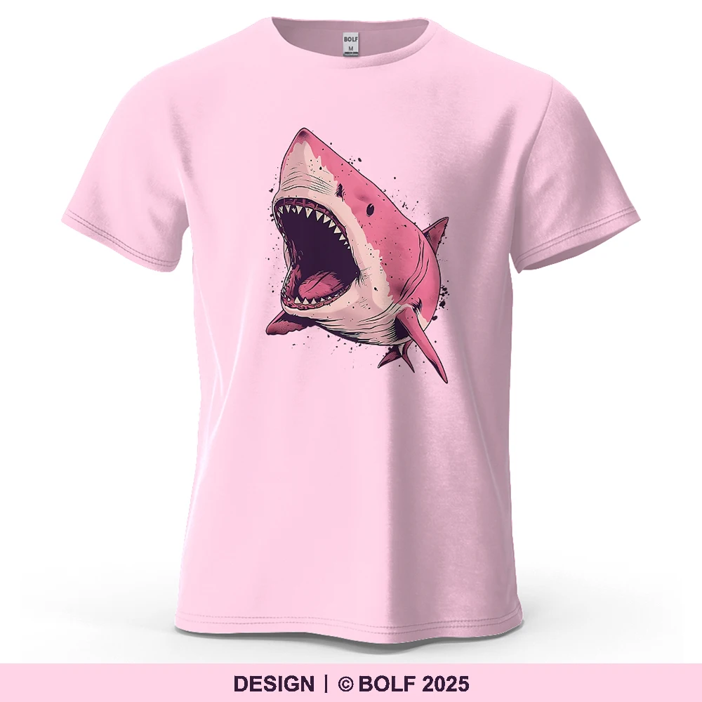 Pink Shark Cartoon Image Printed Men's T-Shirt 100% Cotton Oversized Marine Life Graphic Tees for Women Tops Tees Streetwear