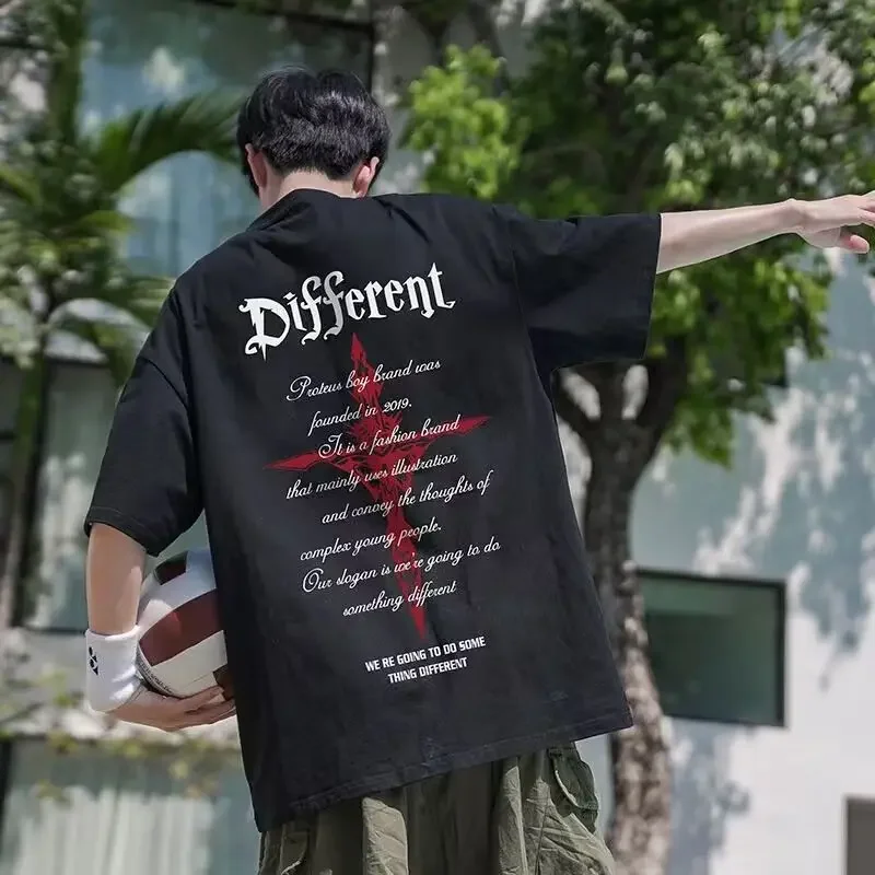 

Short Sleeved T-shirt MenSummer American Vintage Letter Cross High Street Loose Versatile Hip Hop Fashion Brand Half Sleeve Top