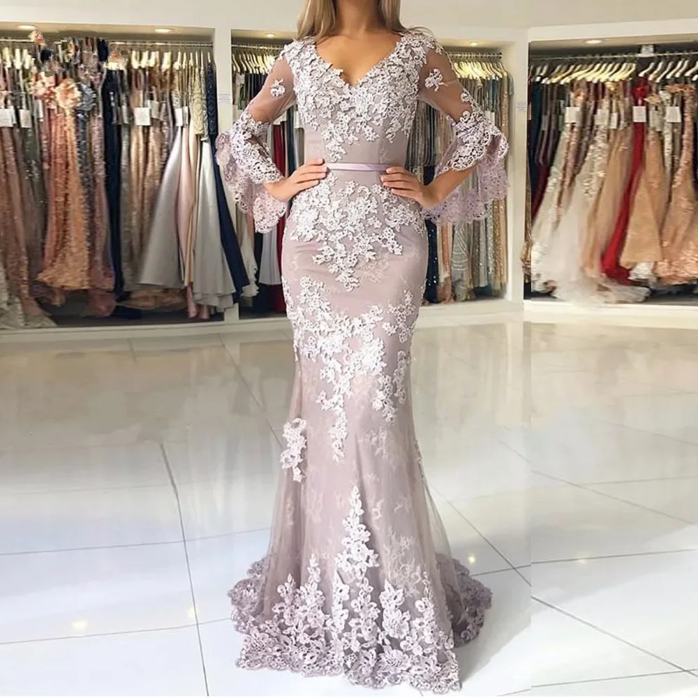 

MYYBLE 2021 Elegant Mermaid Evening Dresses Appliques Full Sleeves V-neck Lace Long Sweep Train Formal Prom Party Evening Gowns
