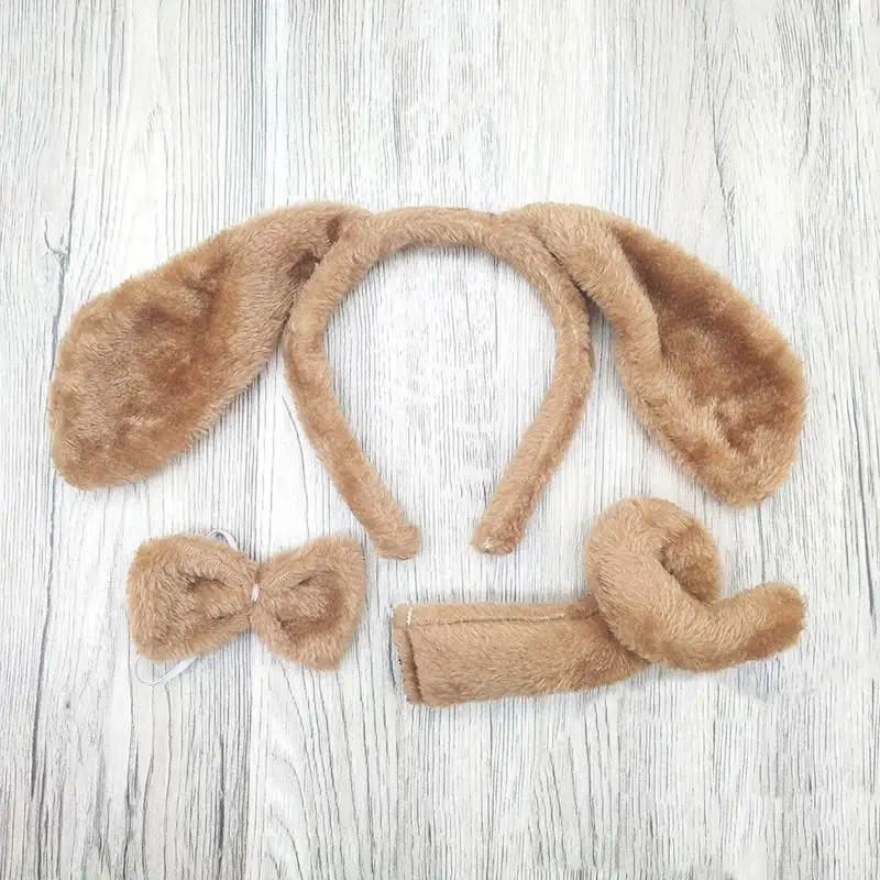652F Plush Animal Hair Hoop Long Ears Dog Headband + Bow + Tail Set for Gatherings