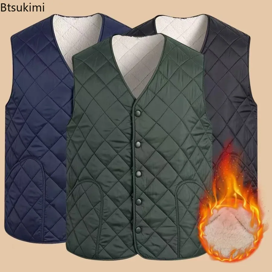 Men's Cotton Vests Padded V Neck Sleeveless Warm Thick Single-breasted Cardigan Autumn Winter Thick Velvet Vest Jacket for Men
