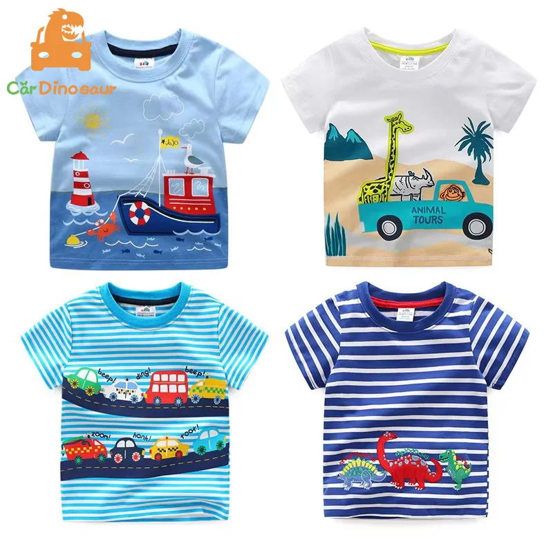 2026 Summer 2 3 4 5 6 8 10 Children\'s Clothing Dinosaur Car Stripe Print Short Sleeve Cotton Basic Tops Kids Boy Cartoon T-Shirt
