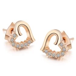 Cute Love Heart Stud Earrings for Women Hollow Crystal Zircon Rose Gold Color Ear Accessories Jewelry Valentines Gifts E327