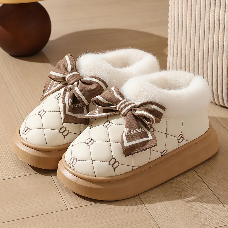 

Sweet Ribbon Bowknot Furry Snow Boots Women 2025 Winter Soft Thick Bottom Waterproof Pu Leather Ankle Boots Woman's Home Shoes