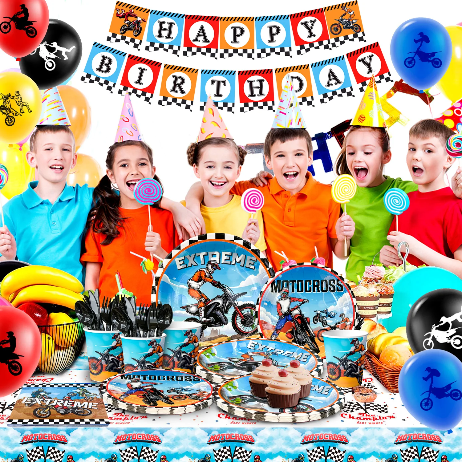 Motorcycle Birthday Supplies,98pcs Decorations&Motorcycle Theme Party Tableware Set-Dirt Bike Party Plates and Napkins Cups etc