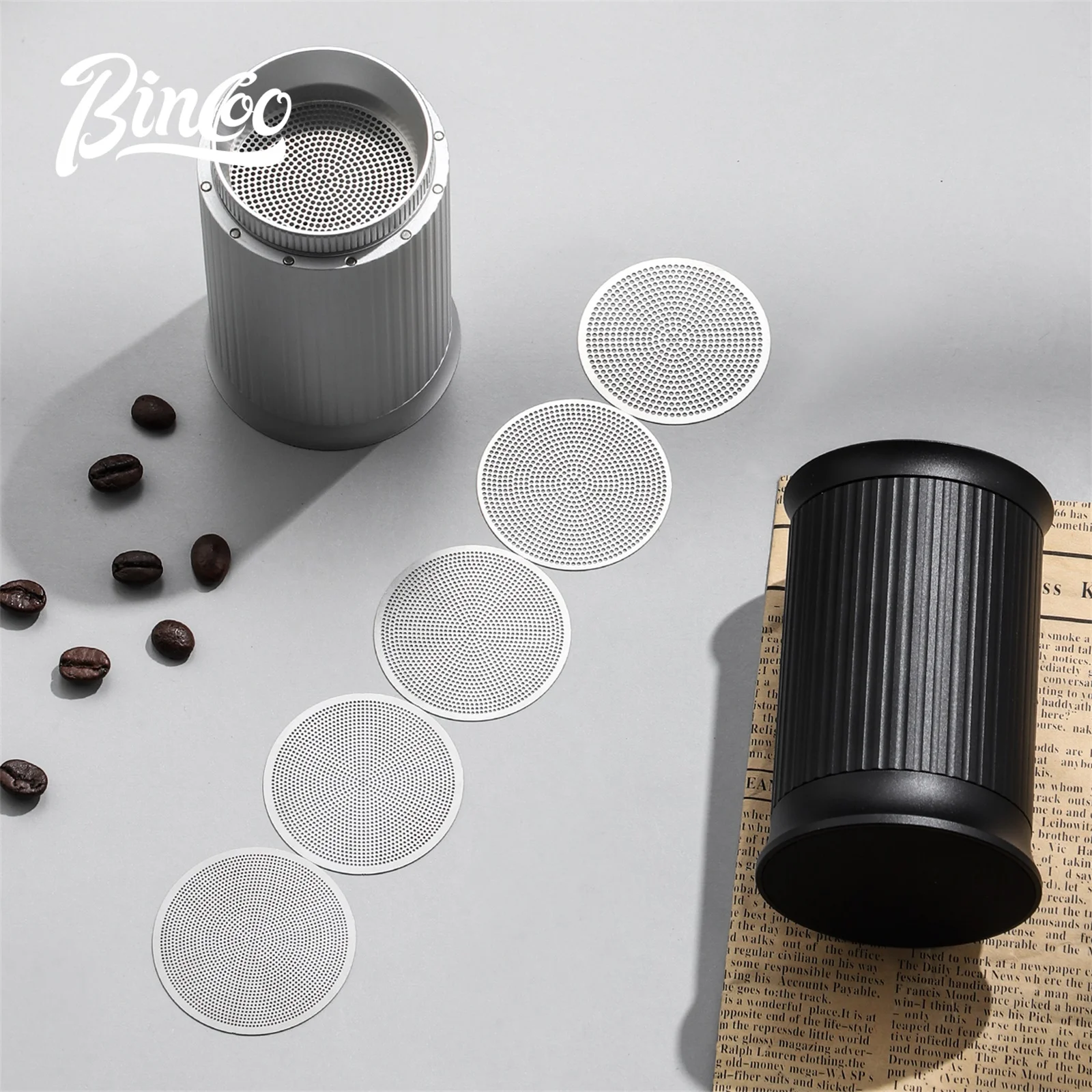 

Bincoo Aluminum Alloy Coffee Powder Spreader With Five Powder sifter Mesh Shaker Duster Powder Sieve Professional Home Barista