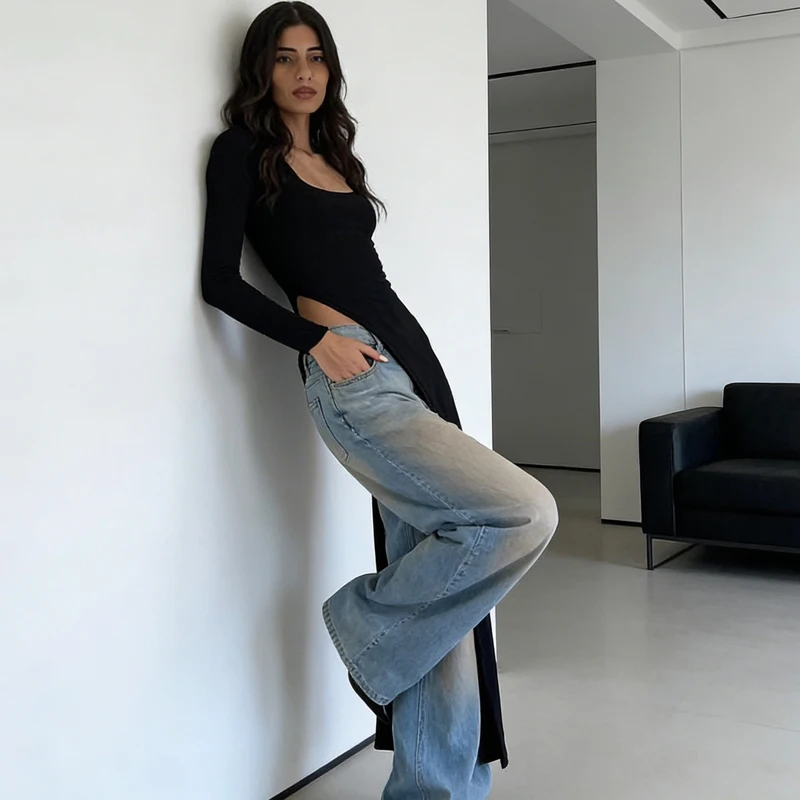 

2026 Spring/Summer Women's Long Sleeve Square Neck Bodycon Top Y2k High Split Slim Fit Streetwear Fashion Women Blouses