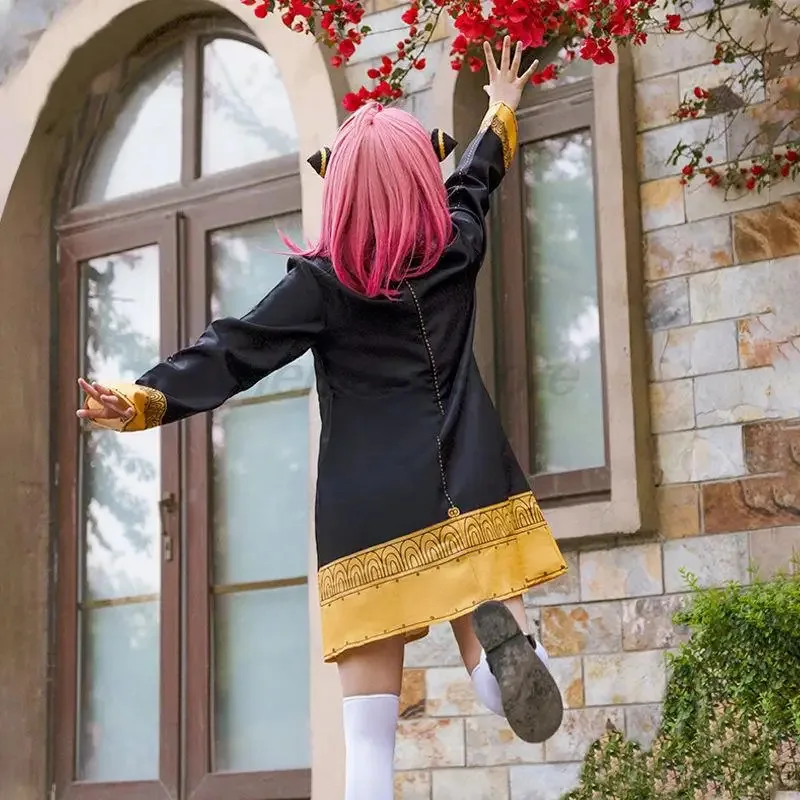Anime spy X family Anya forger cosplay costume kids adults black dress Kawaii girls women dress pink wig party role play outfits