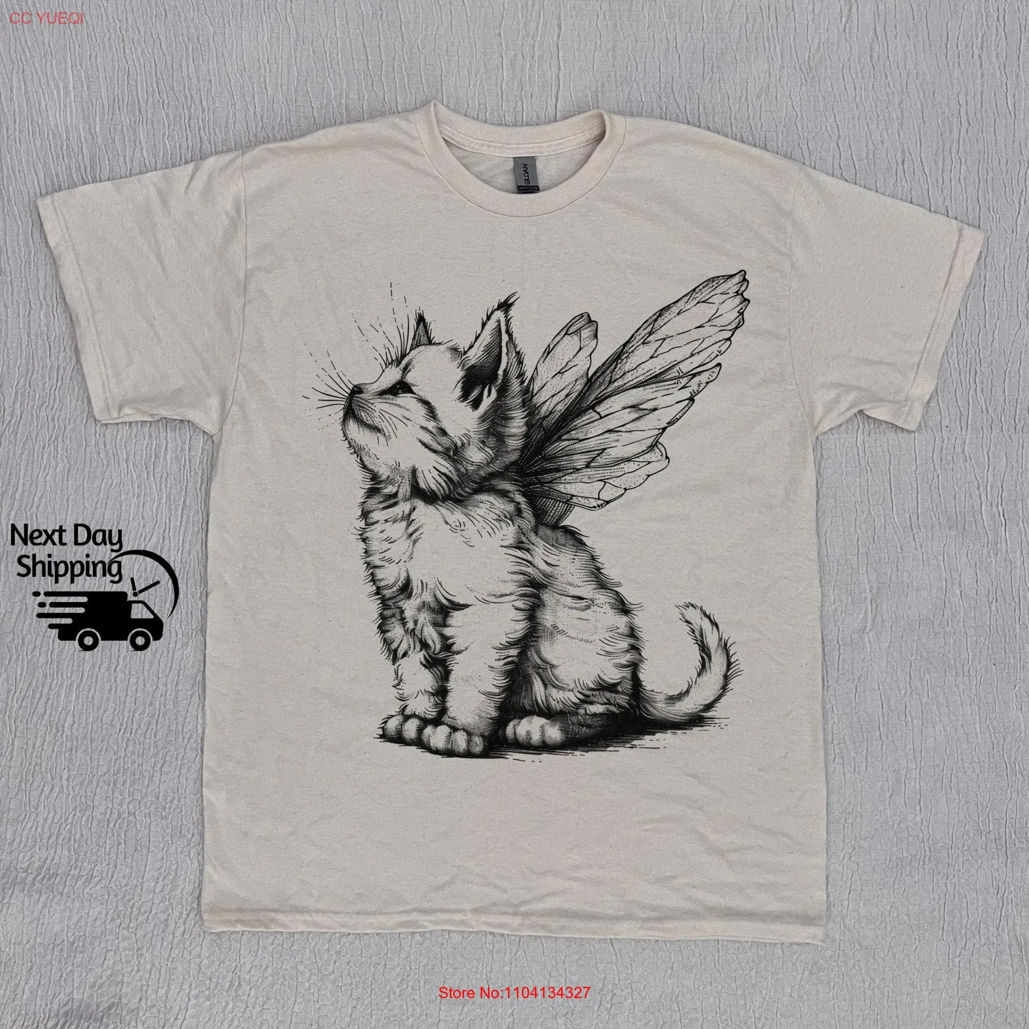 Retro Angel Kitten Vintage T Shirt Cute With Wing 90s Distressed Women Cat Lovers long or short sleeves