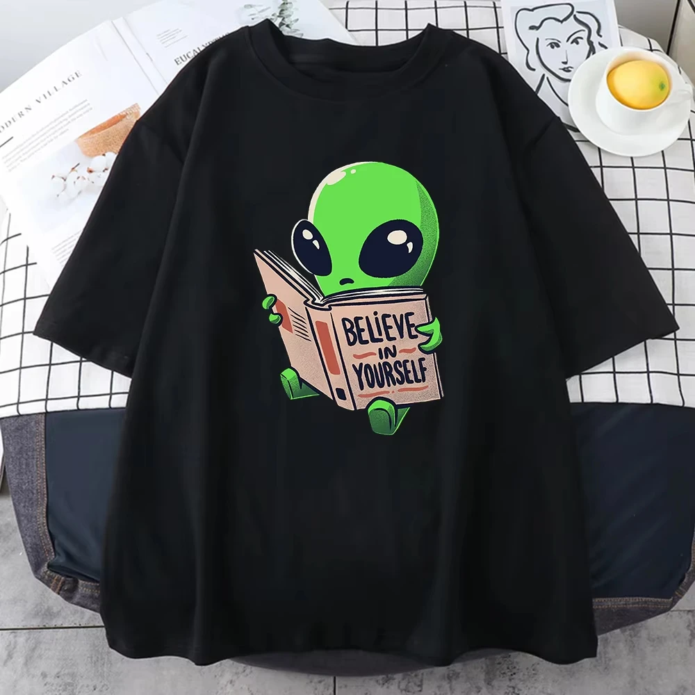 Green Alien Prints Believe In Yourself Print Men Cotton T-Shirts Oversize Casual All-math Tee Tops Creativity Mans Short Sleeve