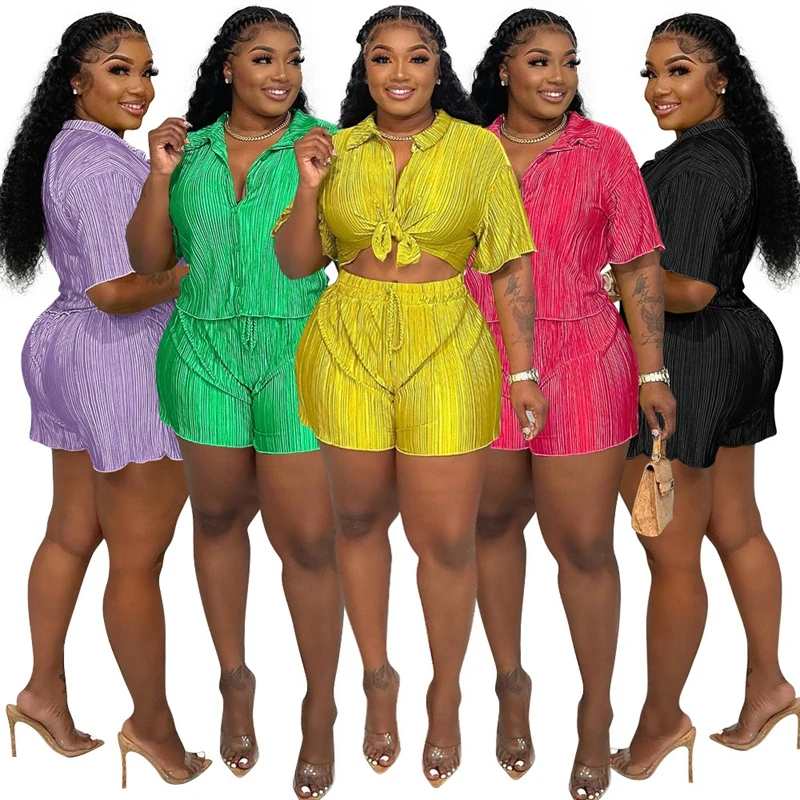

Solid Pleated 2pcs Tracksuit Women Summer Short Sleeve Turn Down Collar Button Shirt And Casual Short Clubwear Matching Set