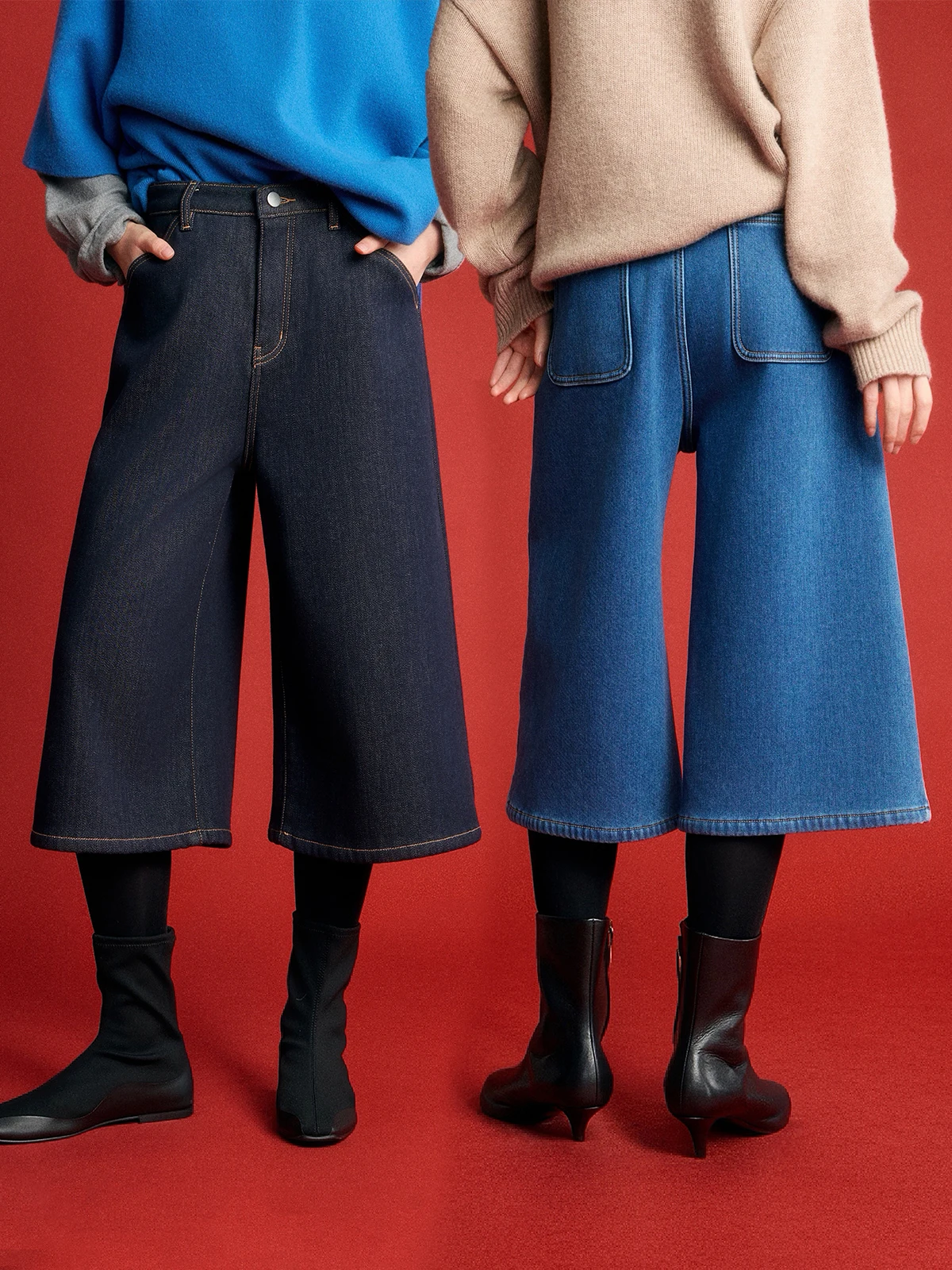 

Slimming High Waist Fce Lined Wide Leg Straight Cut Jeans Casual Comfortable Women's Autumn Winter Cotton Denim Trousers