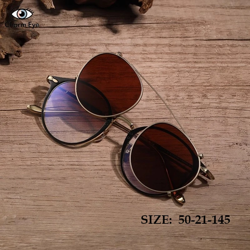 

2025 Retro Clip Sunglasses for Women High-end Pure Titanium Large Face Circular Myopia Glasses for Men Driving SUN GLASSES UV400