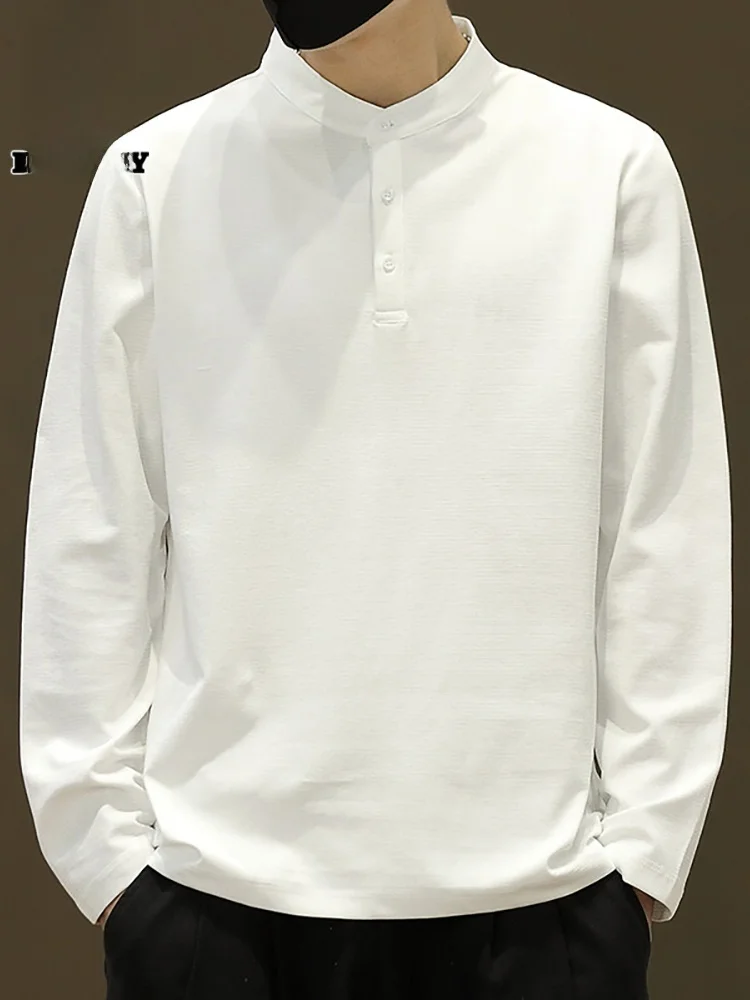 

Мужская футболка с длинным рукавом, весна 2026, с воротником хенли, базовая, модная, универсальная, молодежная, из смесового хлопка и полиэстера