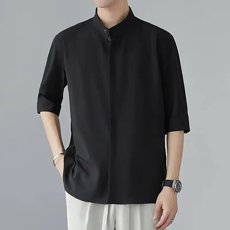 

Black Men's Short-sleeved Shirts, Summer White Stand-up Collar Slightly Stretchy Shirt, Fashionable Casual Top.