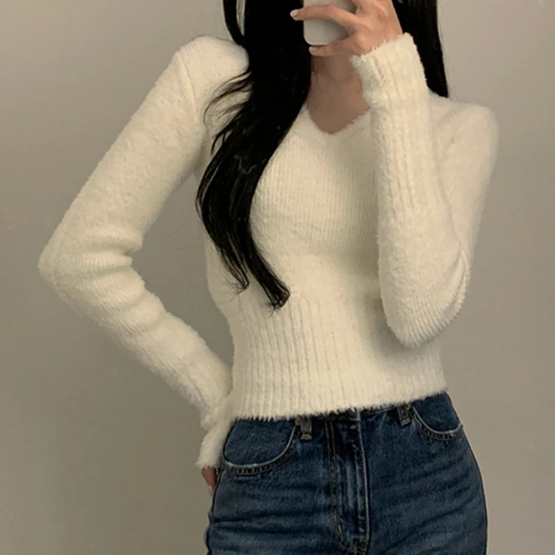 White Sweater Women 2023 Autumn Winter Soft Warm Clothes Long Sleeve Pullover Sweaters V Neck Slim Knitted Crop Tops Pull Femme