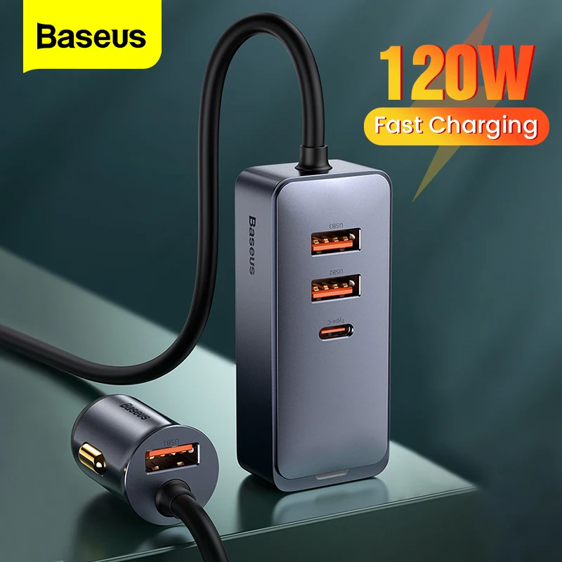 Baseus 120W PPS Multi-port Fast Charging Car Charger With Extension Cord For iPhone 14 Pro Xiaomi USB Type C Car Phone Charger