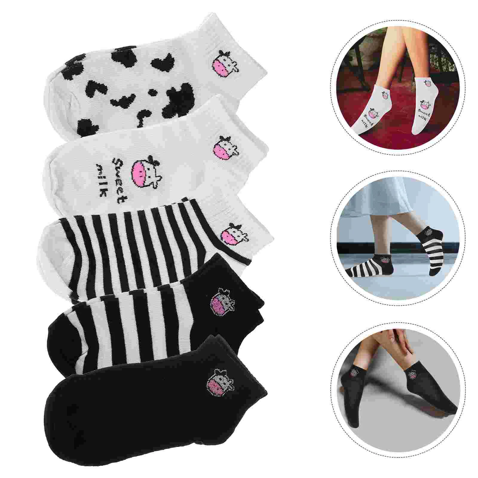 

5 Pairs Woman Black and White Cow Socks Women's Pattern Short Cotton Cartoon Animal