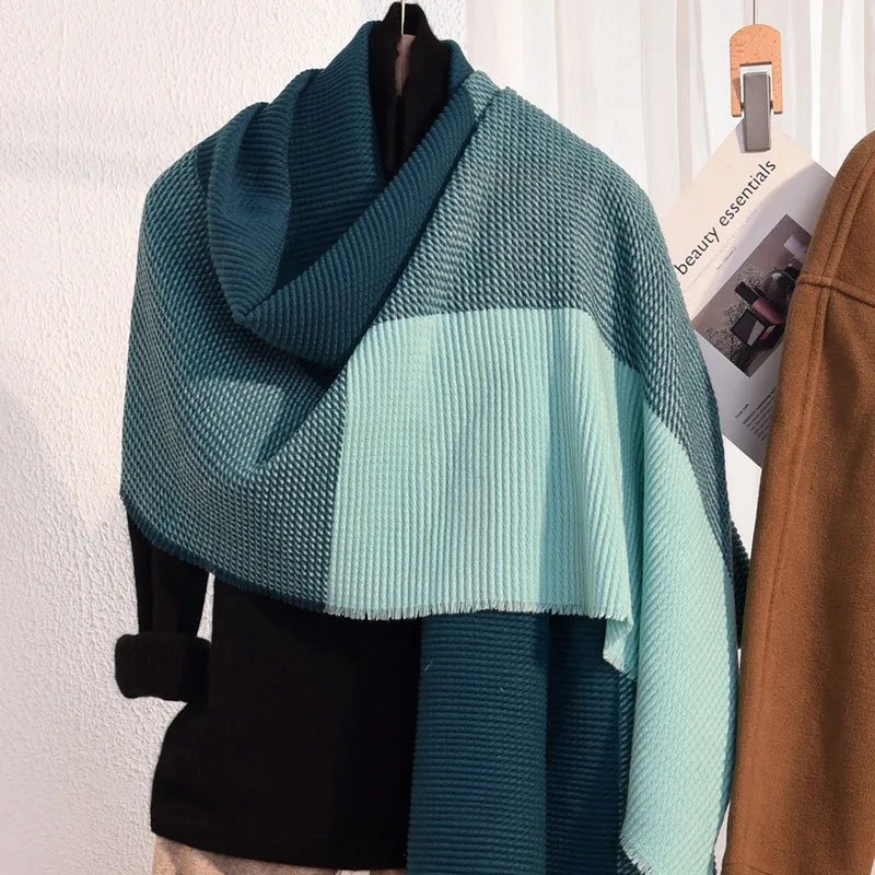 Women Faux Cashmere Scarf Color Block Pleated Shawl Short Fringe Neck Wrap For Autumn Winter Daily Wear
