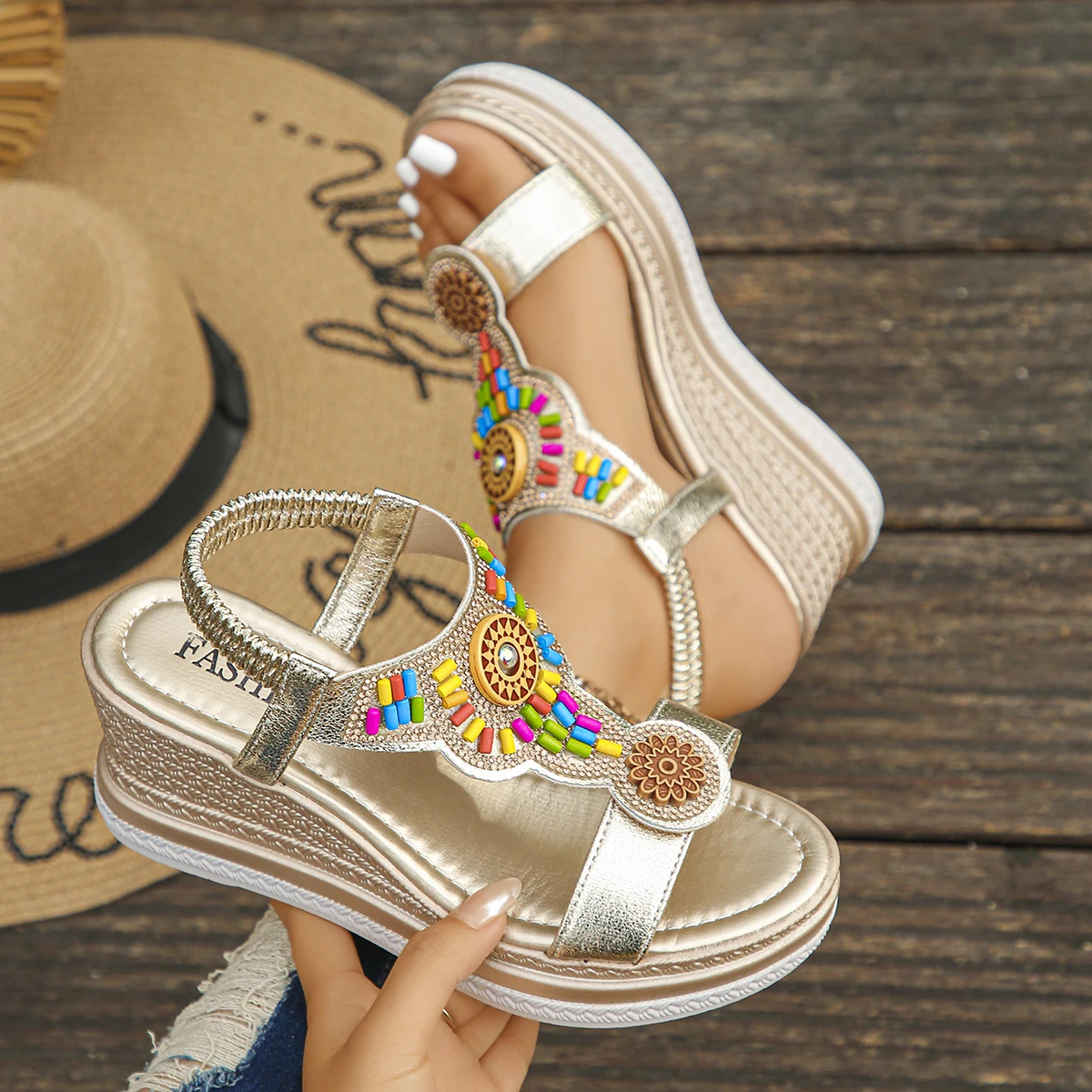 

Luxury Women's Sandals Trend Bohemian Style Wedge Sandals Summer Thick Sole Non Slip Beach Shoes for Women Colorful Bead Sandals