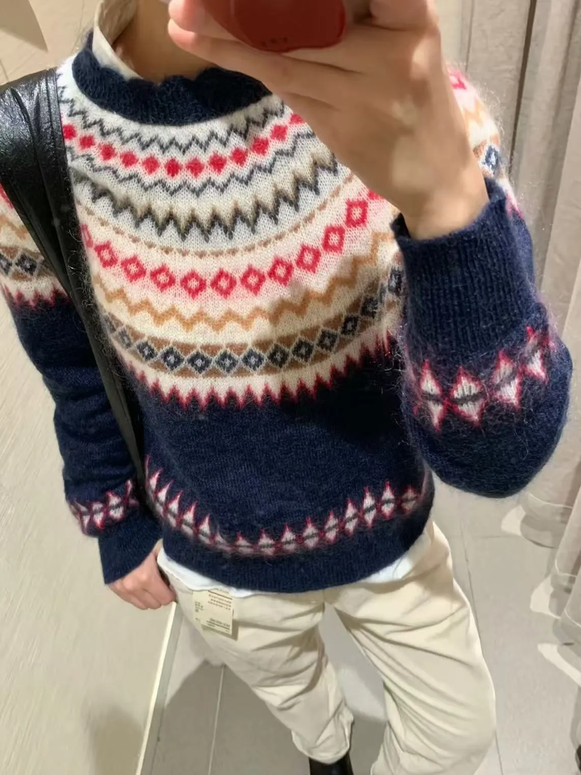 

Женский свитер из смеси мохера, осень-зима, жаккардовый свитер с геометрическим рисунком и круглым вырезом, с длинными рукавами, винтажный женский вязаный пуловер Fair Isle