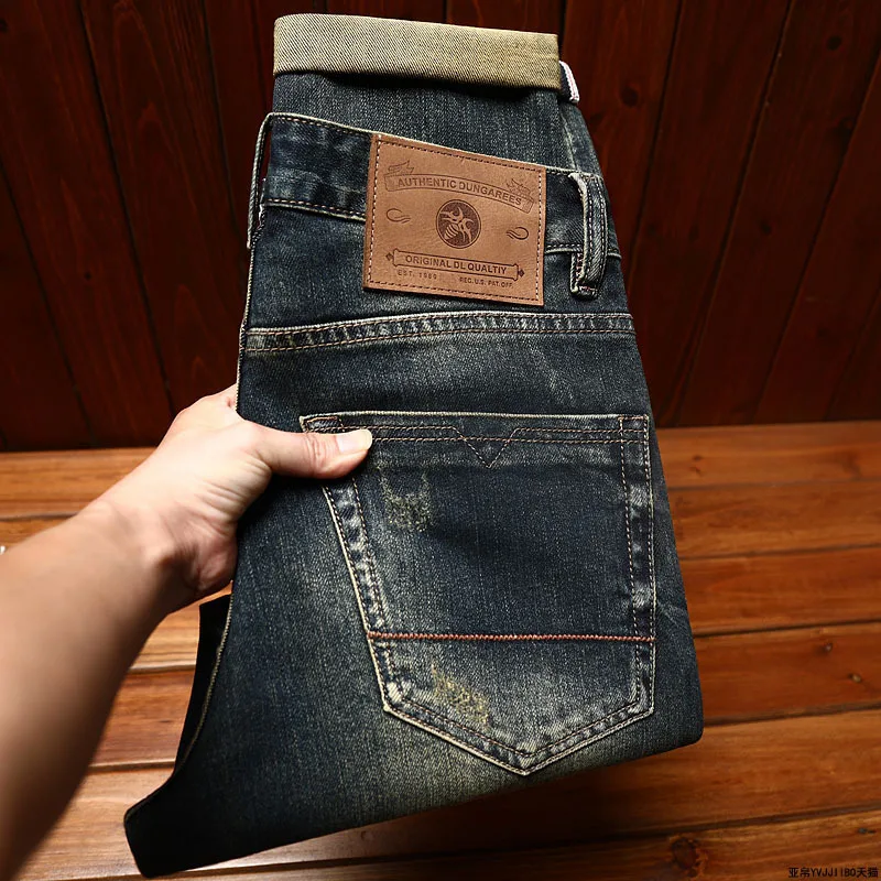 Vintage Nostalgic Men's Slim Fit Straight Jeans Spring Autumn Elastic Versatile Casual Fashion Classic Street Long Pants