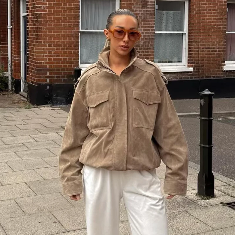 MUJER Giacca bomber in pelle scamosciata Donna Giacche oversize da mezza stagione per capispalla da donna Cappotto invernale Giacche da donna con zip femminile