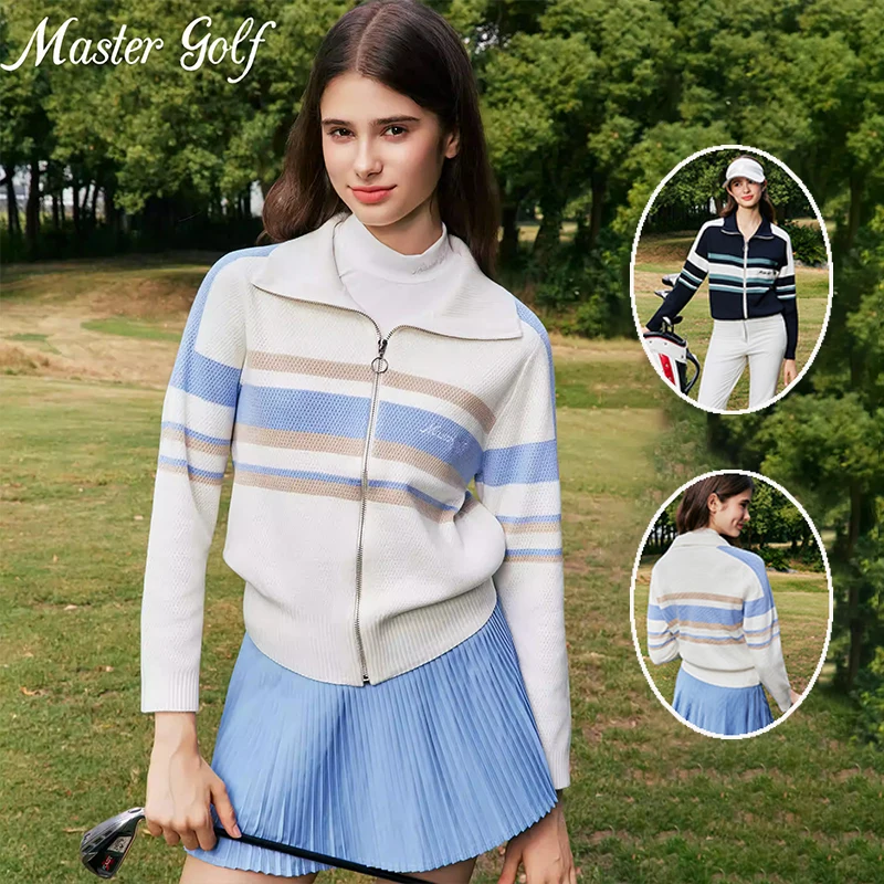 

MG New Golf Sweater for Women Warm Knit Long-Sleeve Golf Cardigan Windproof Sports Casual Jackets Ladies Striped Casual Tops