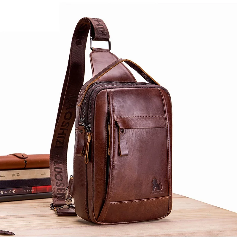 

Cowhide Men's Daily chest bag retro oil-wax leather men casual large-capacity vertical single-shoulder crossbody bag as gift