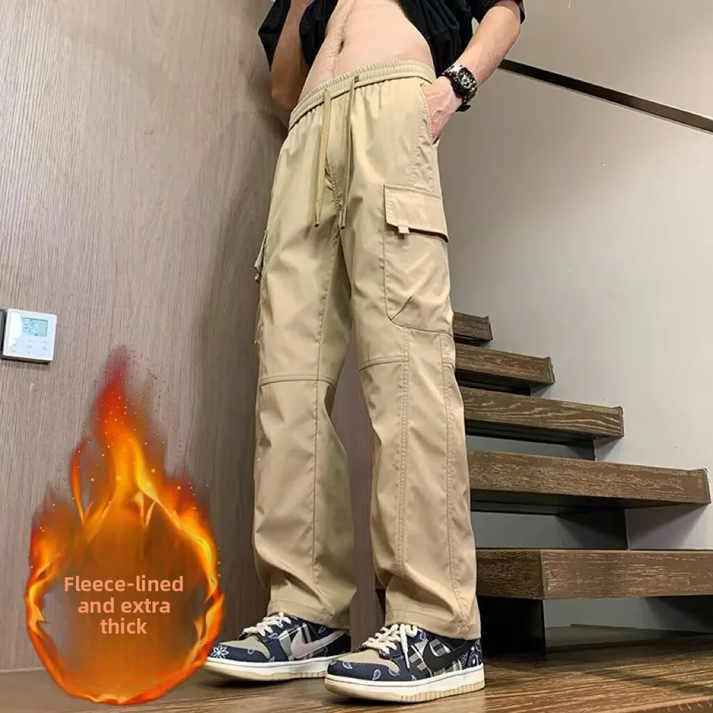 

Khaki Workwear Pants Men's 2024 New Autumn Winter Thiened Fce Casual Straight Leg Wide Leg Loose Fit Polyester Fiber