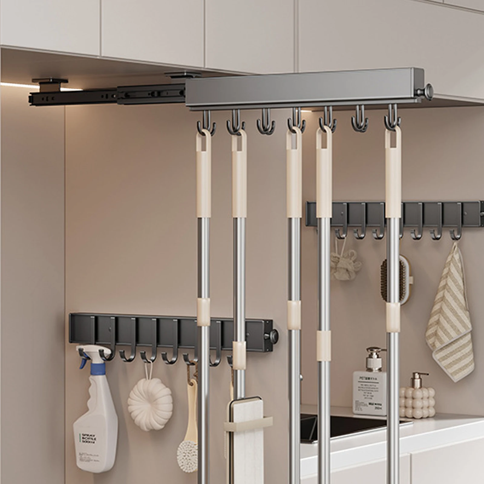 Multi-Purpose Sliding Hook Rail Top Mount Side Mount Self Adhesive Drilling Dual Use Aluminum Stainless Steel Cabinet Organizer