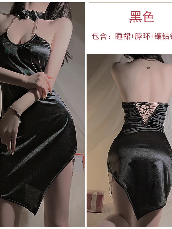 Hanging Sexy Backless Neck Chain Smooth Slim Uniform Dress Elegant Fashion Sexy Korean Women Mini Dress 2024 New Bandage 926W
