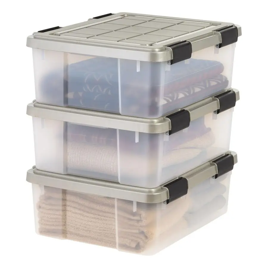 

USA 27 Qt Storage Bins with Gasket Seal Lid, 3 Pack BPAFree, Heavy Duty Moving Containers Tight Latch, Weather Proof Tote, WEATH