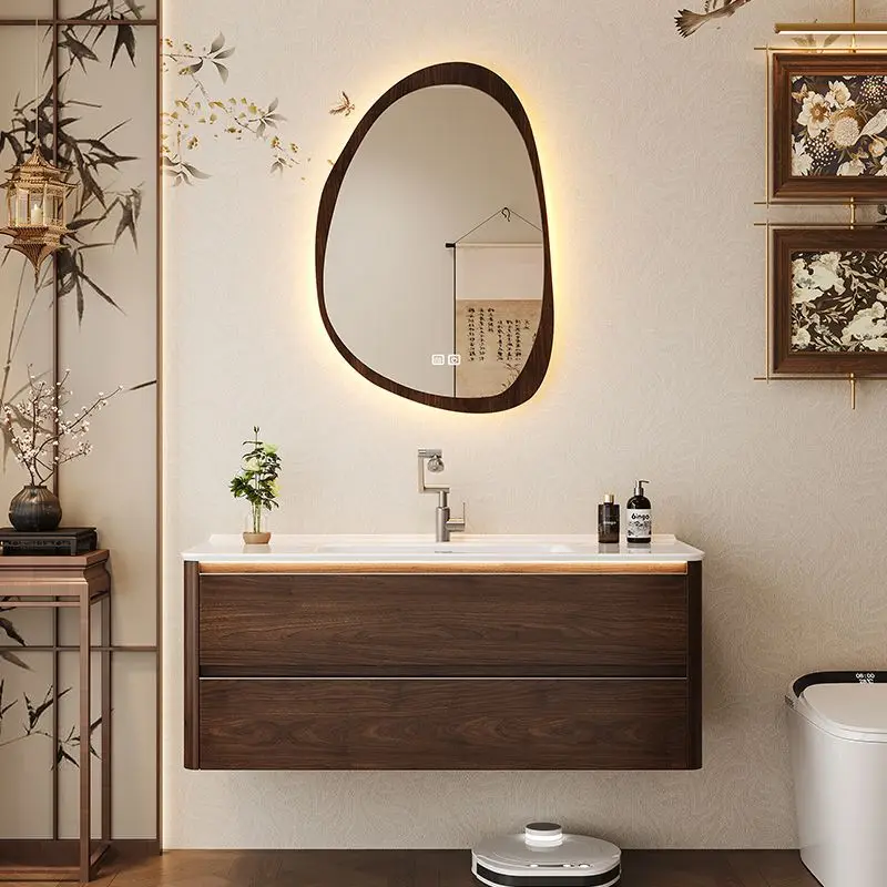 Simple medieval walnut bathroom cabinet combination bathroom ceramic integrated basin washbasin cabinet