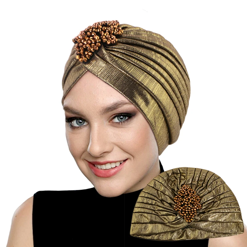 New Women Elegant Pleated RhinestoneTurban Hat Elastic Indian Head Wrap Chemo Bandana Hijab Headwear Muslim India Cap Turbante