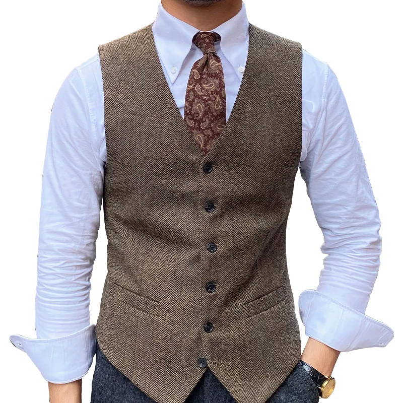 Rompi Setelan Herringbone Slim-Fit Wol Hangat Musim Gugur dan Musim Dingin Pria Rompi Serbaguna Kasual Bisnis Trendi