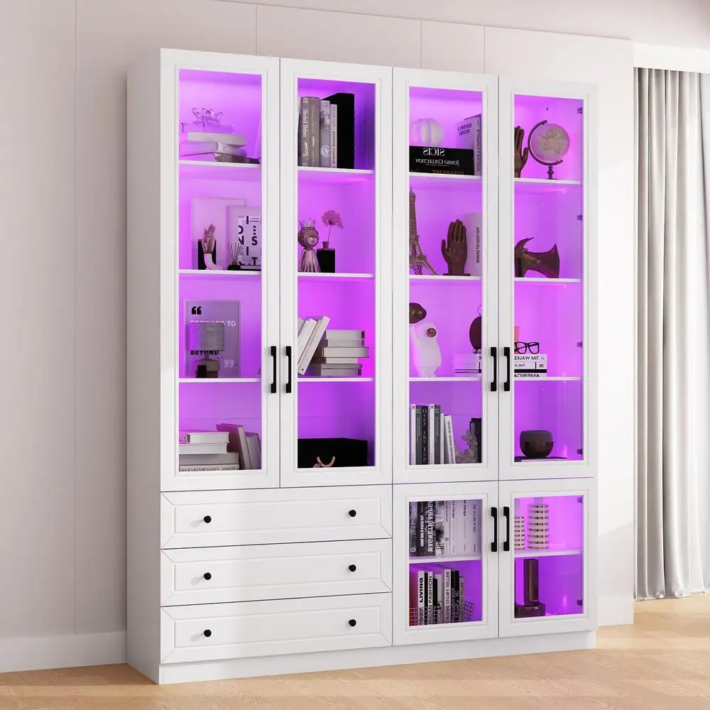 63 Wide Glass Door Display Cabinet with 7-Color LED Lights, Ideal for Home Office or Living Room, White