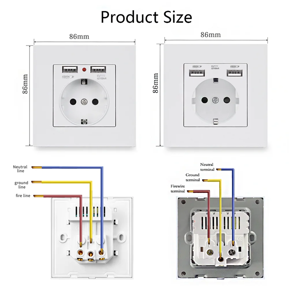 EIOMR EU with USB Port Electrical Socket 16A AC 110~220V Standard Outlet 86mm*86mm Flame Retardant PC Panel Wall Plug Pop Socket