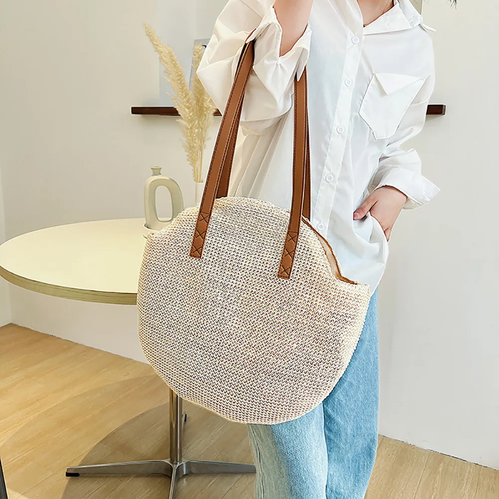 Summer Straw Women Half-moon Beach Handbag Rattan Handmade Handle Fashion Kintted Tote Bag image 3