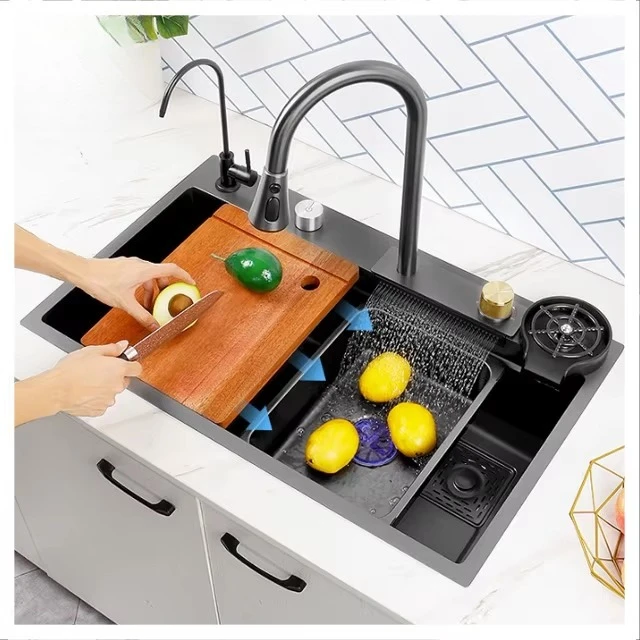 Rectangular Single Bowl Kitchen Sink 304 Stainless Steel Waterfall Sink Nano Surface TreatmentAbove Counter