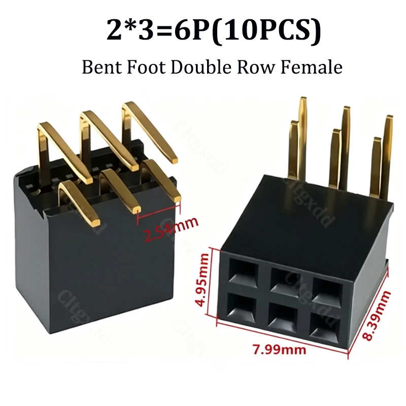 10 Stück 90-Grad-Winkelstecker, zweireihig, Buchsenleiste, 2,54 mm Rastermaß, PCB-Buchsenstecker, 2×3, 2×4, 2×5, 2×6, 2×7, 2×8, 2×20, 2×40 Pins – Detail 13