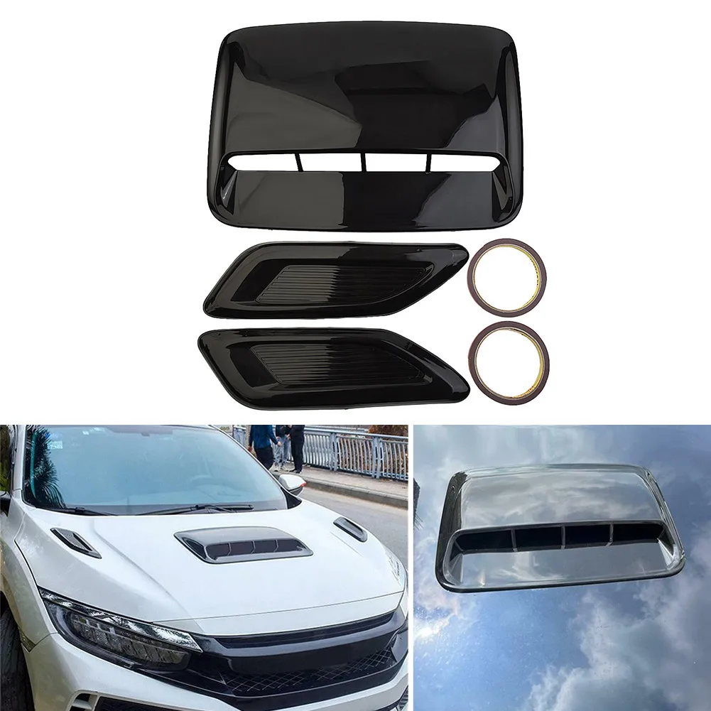 3pcs/Set Glossy Black Air Flow Vent Covers ABS Car Bonnet Hood Scoop Vent Side Middle Auto Front Engine Cover Decorative Sticker