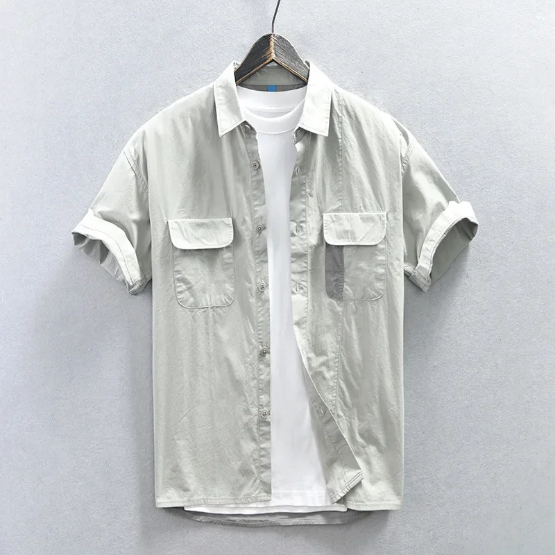 

Japanese Style Short Sleeve Cargo Shirts Man Pure Cotton Summer Clothes for Men Khaki Double Pockets Shirt Comfort Tops Youth