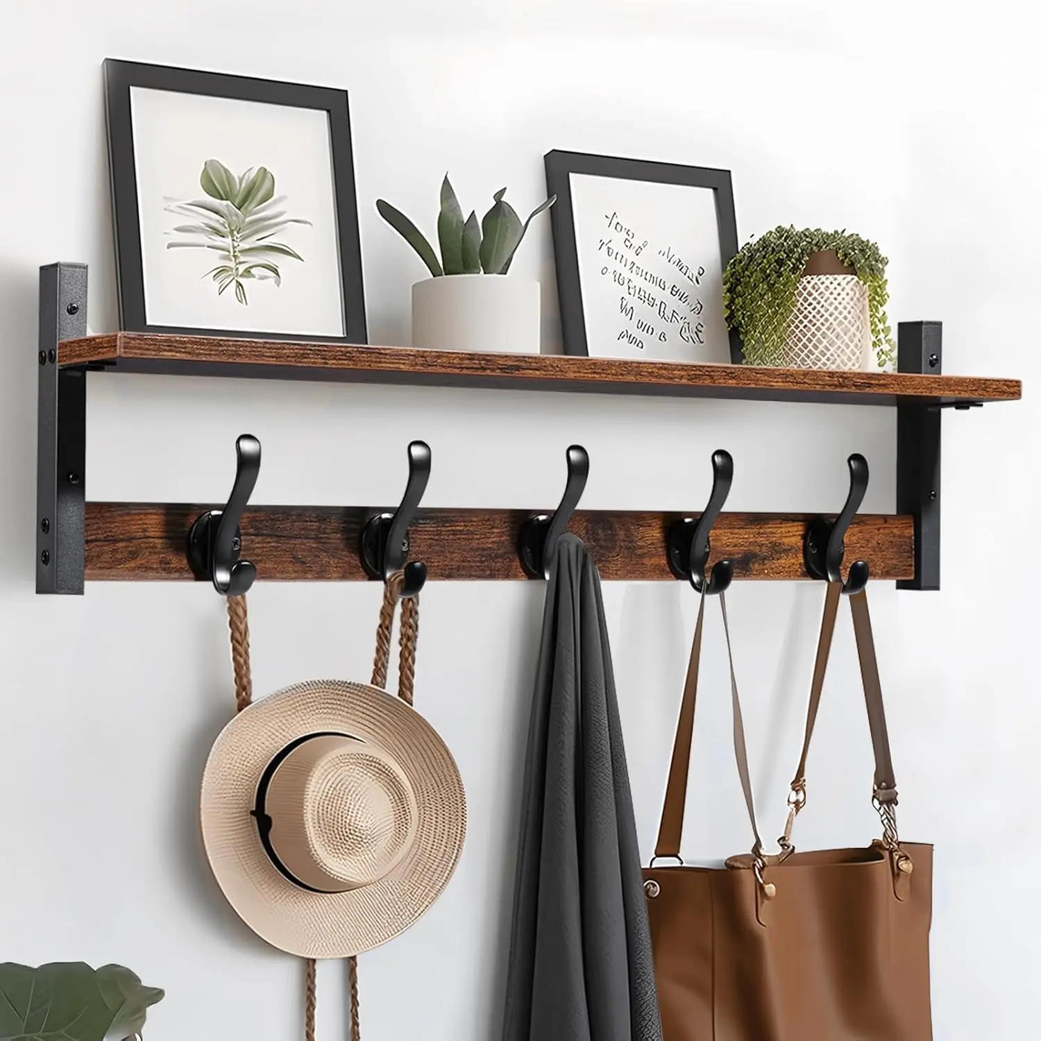 

29" Rustic Black Wall Mount Coat Rack with Shelf for Entryway, Bathroom, Living Room, Bedroom